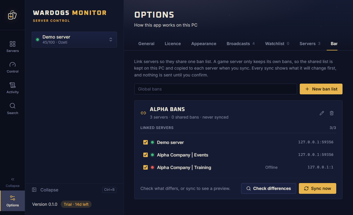 Options, Ban lists: a ban list called Alpha Bans linking three servers, two online and one offline, with Check differences and Sync now buttons.