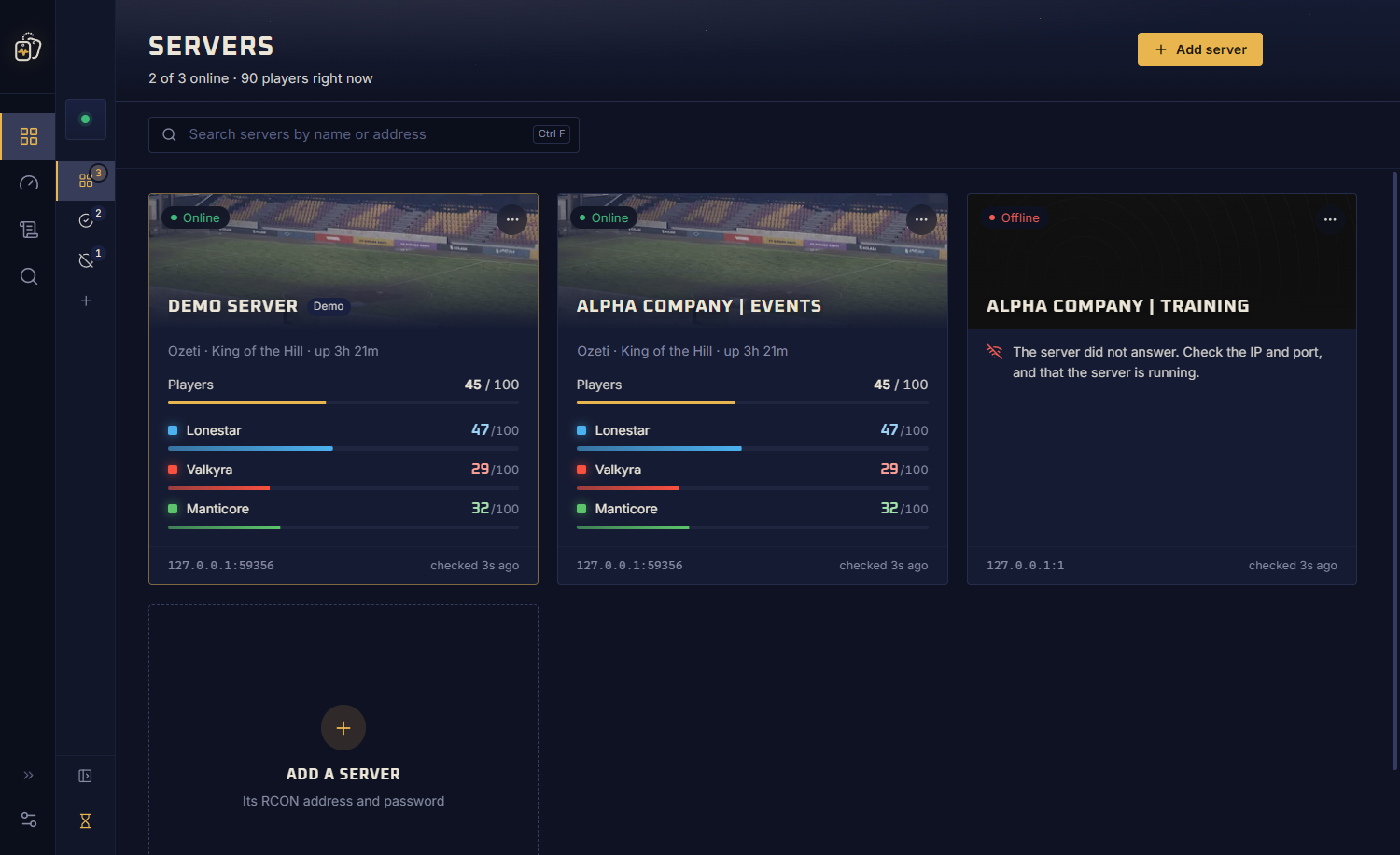 The Servers page with the sidebar collapsed: cards for two online servers with players and score race, one offline server, and a card to add a server.