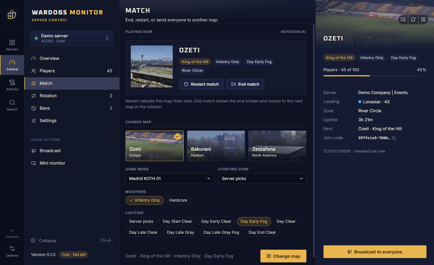 The Match page: the map playing now with restart and end buttons, and a map picker with game mode, starting zone, modifiers and lighting.