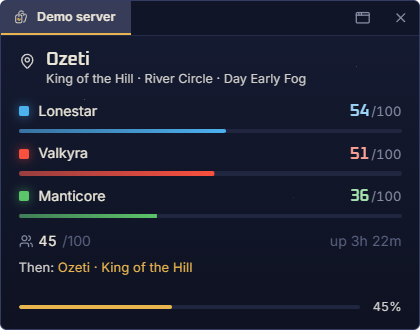The always-on-top mini monitor showing the map, score race and player count.