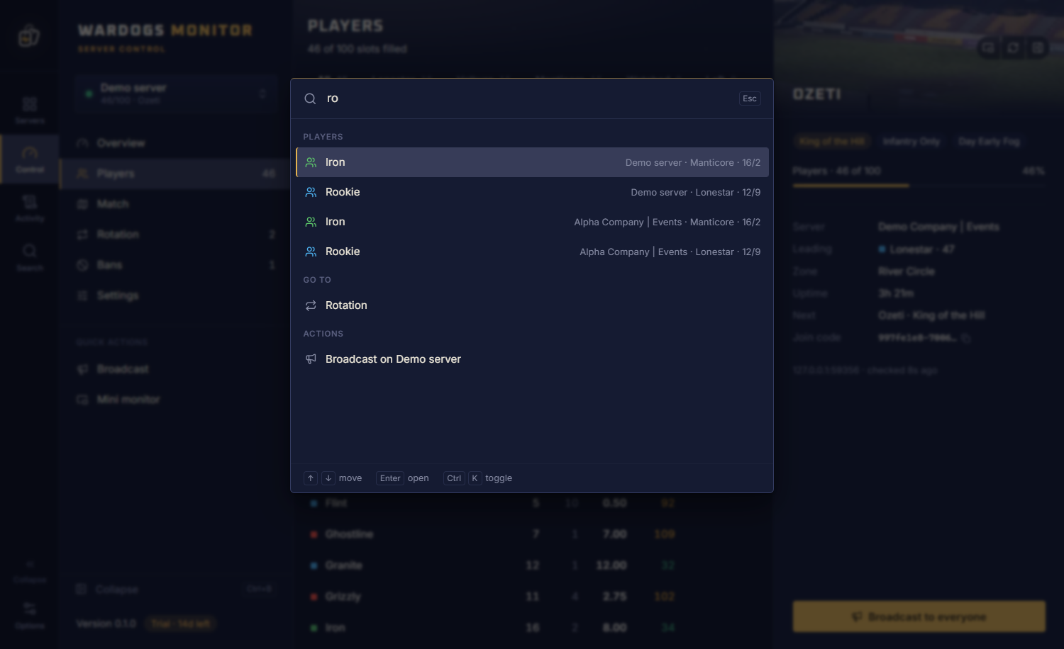 The Ctrl+K search window listing matching players across two servers, pages to go to and actions like broadcasting on the demo server.