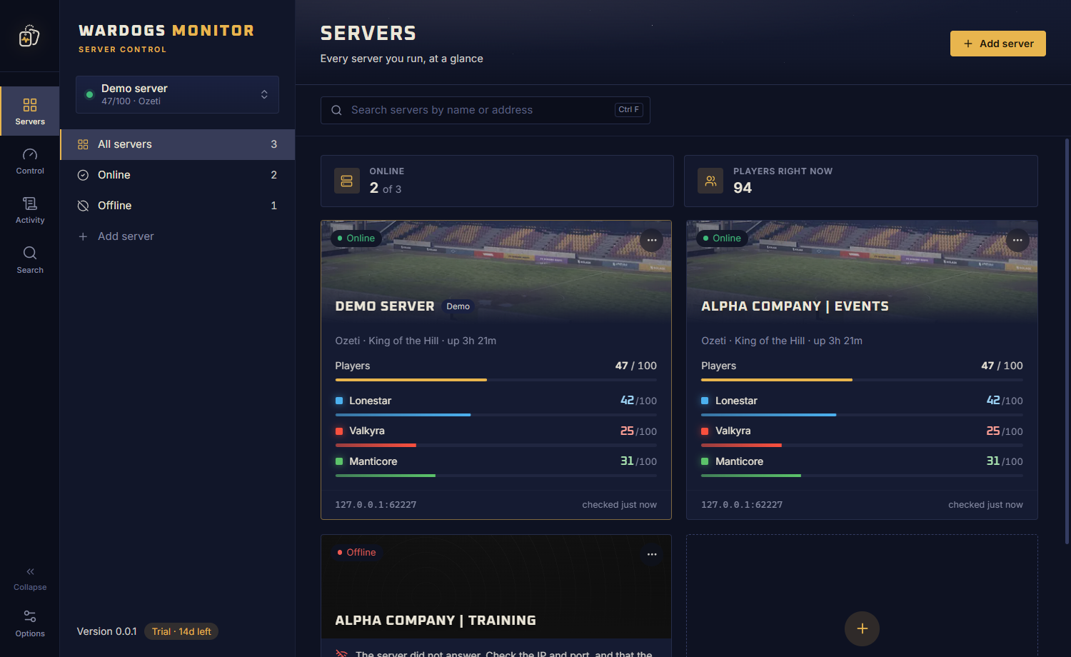 The Servers page after adding Wardogs servers: each card shows Online or Offline, the map, players and the score race.