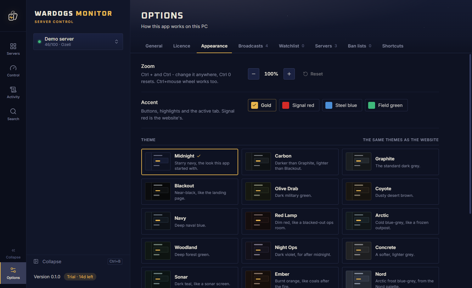 The Appearance options: zoom, accent colours and a grid of themes such as Midnight, Carbon, Graphite, Blackout, Olive Drab, Coyote, Navy, Red Lamp and Arctic.